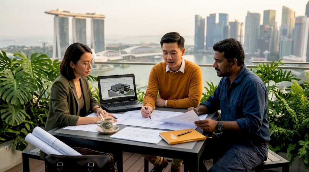 Boardroom team reviewing integrated project drawings