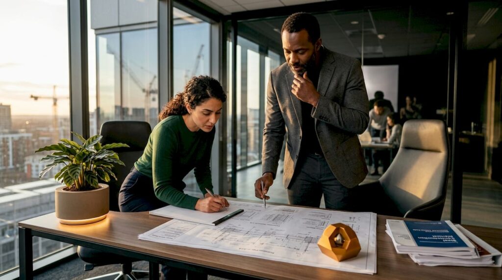Engineering consultants review blueprints in open office