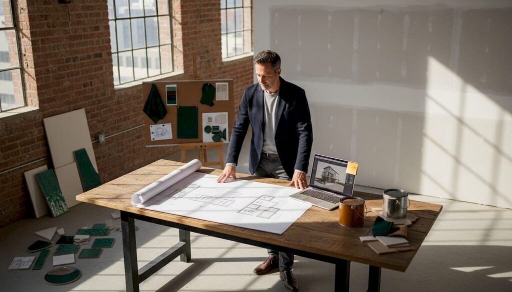 Designer reviews blueprints in mid-renovation home