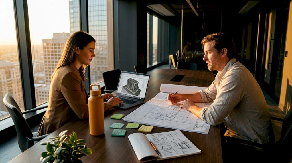 Architects reviewing plans in bright office