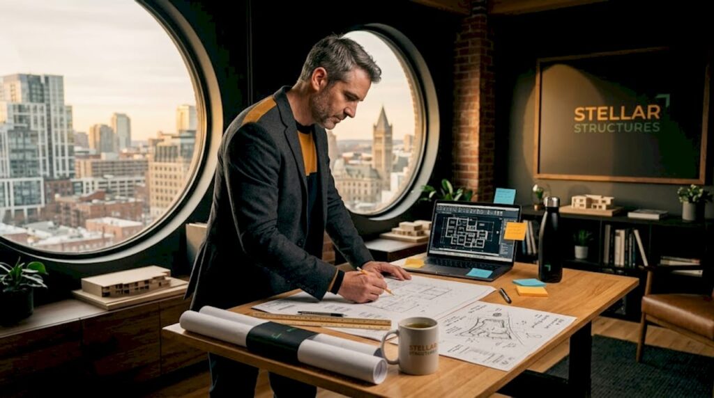 Architect reviewing blueprints at city studio window