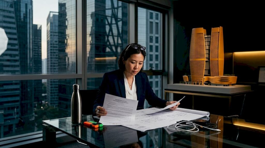 Singapore developer reading contract in office