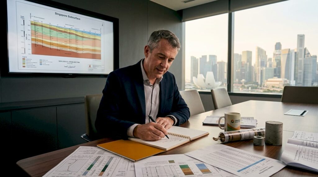 Engineer reviewing subsurface map in Singapore office