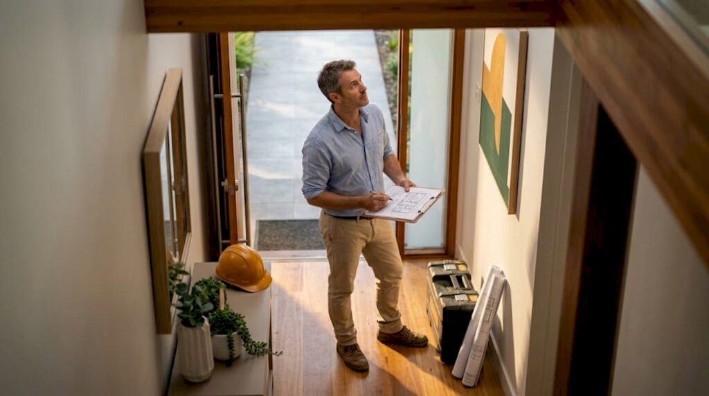 Structural engineer reviewing plans in home entryway