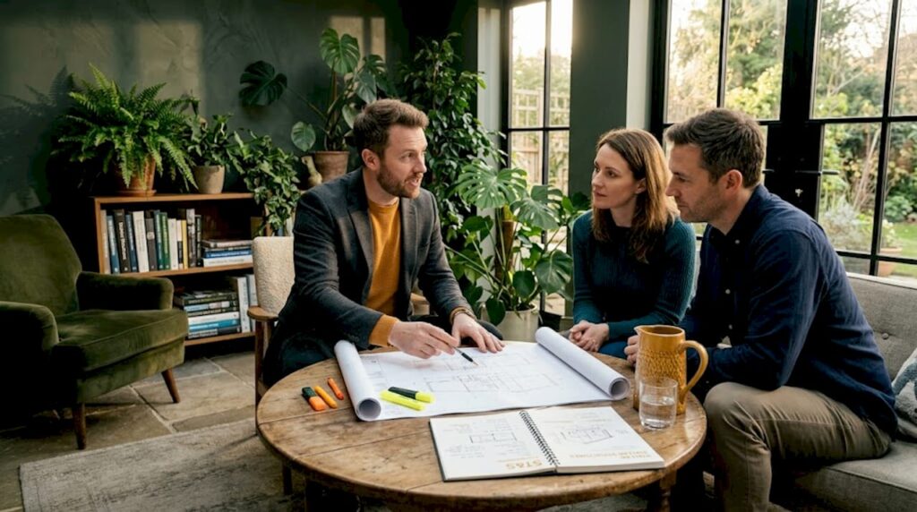 Architect presenting house plans to homeowners