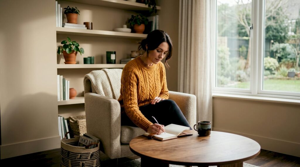 Homeowner planning in a calm living room