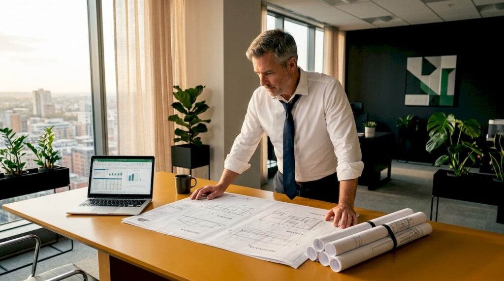 Project manager reviewing blueprints in office