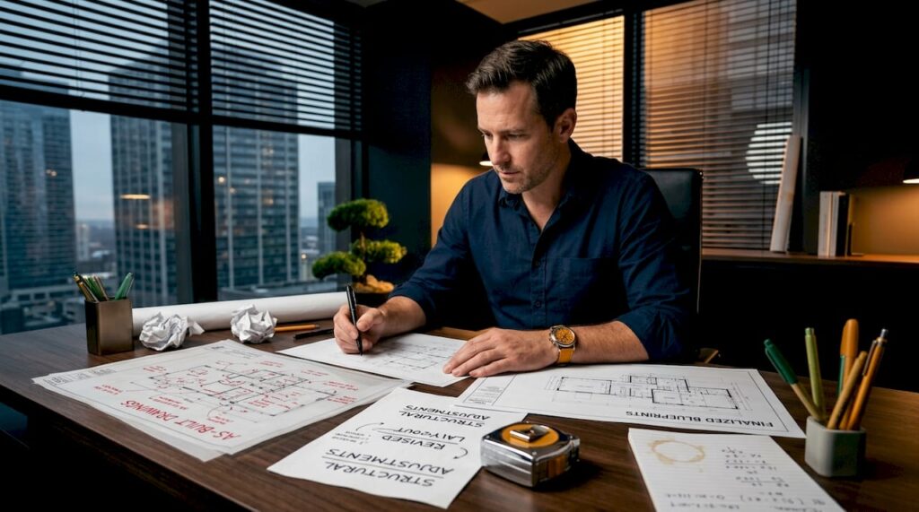 Architect comparing as-built and final blueprints