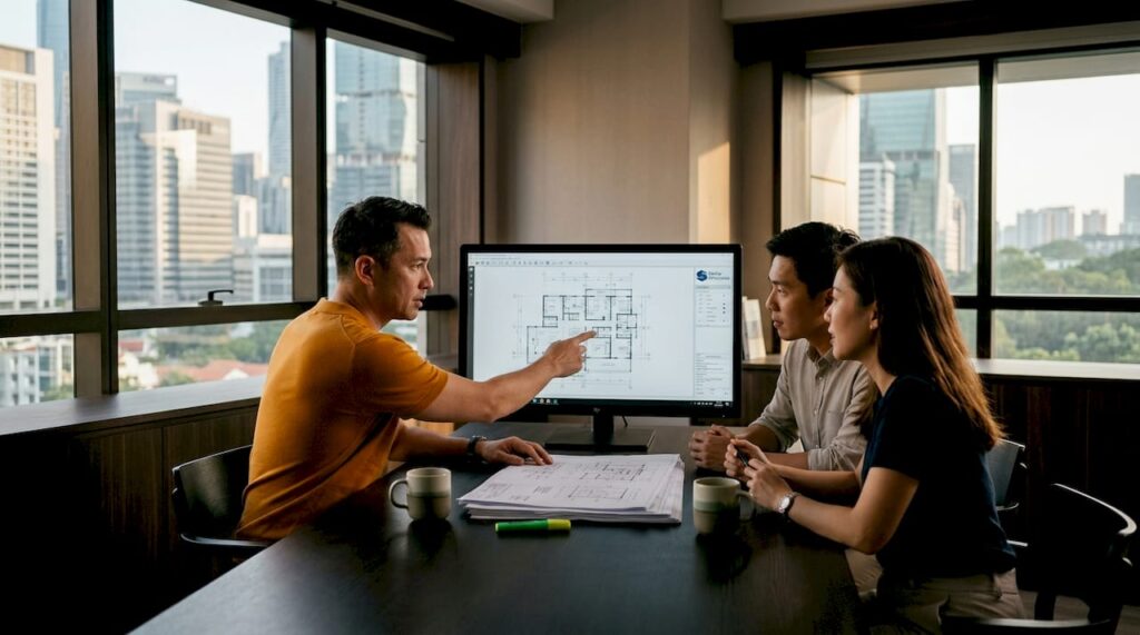 Architect meeting with clients over blueprints
