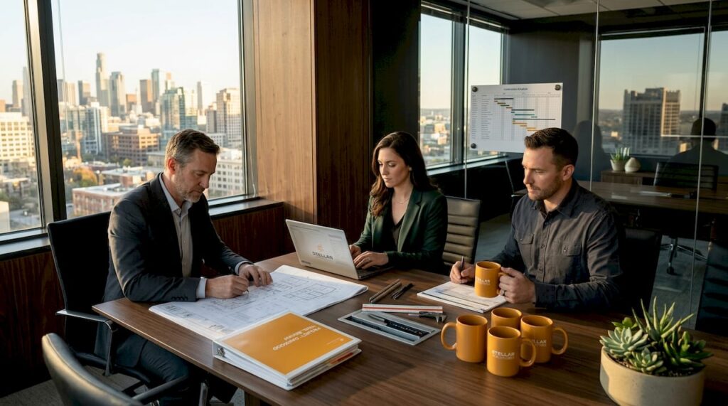 Design-build team reviews plans in conference room