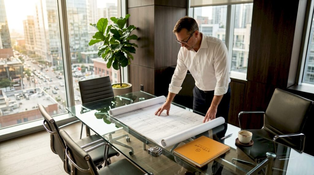 Project manager studying building plans in corner office