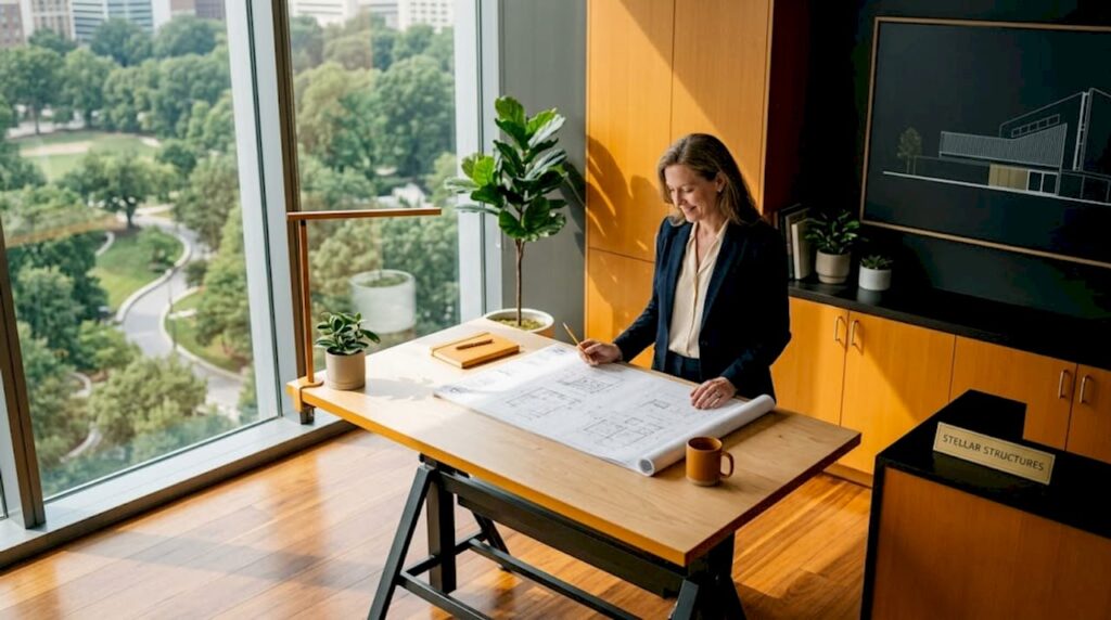 Architect reviewing blueprints in corner office