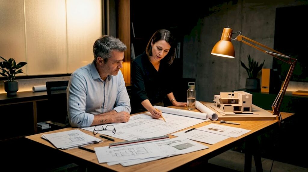 Engineer and architect reviewing structural plans