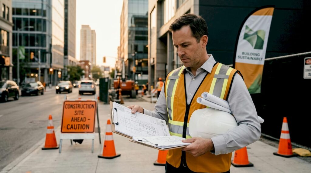 Engineer reviewing plans at city construction