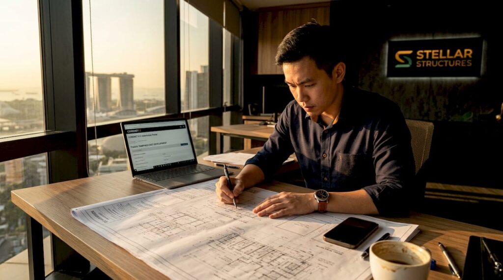 Engineer reviewing design check blueprints