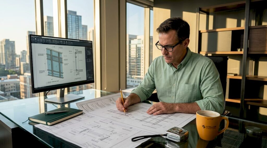 Facade engineer working with blueprints and computer designs