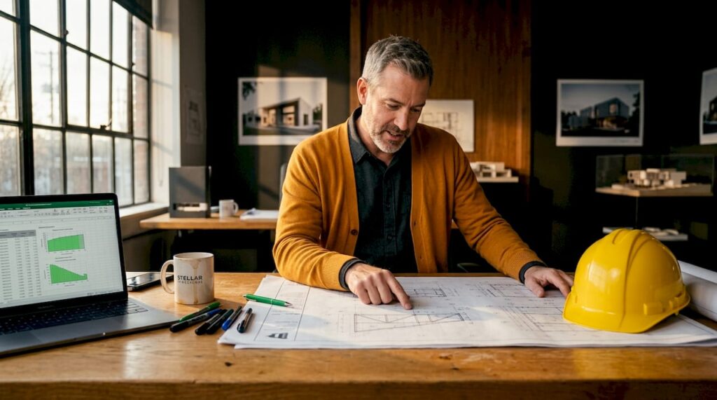 Engineer reviewing temporary works blueprints in office
