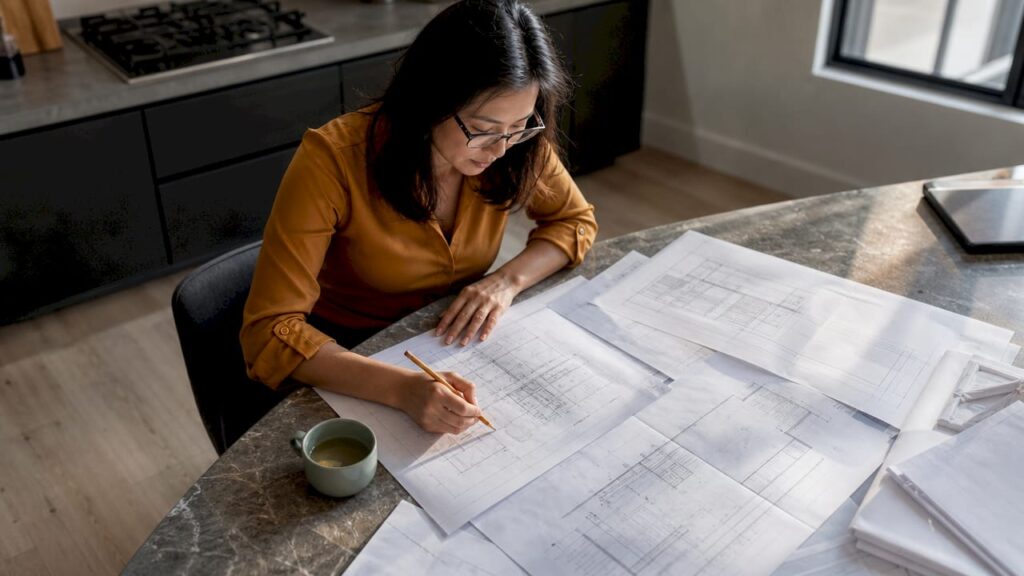 Property owner studying structural drawings at home