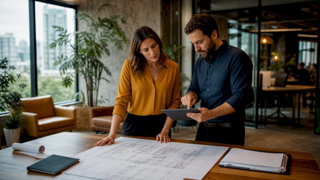 Project manager and engineer reviewing drawings in office