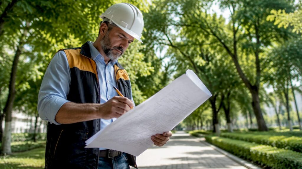 Structural engineer reviewing renovation blueprints