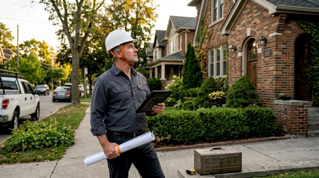 Structural engineer reviewing plans by landed house