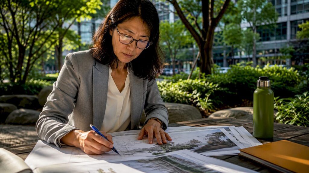 Architect reviewing design intent drawings in office