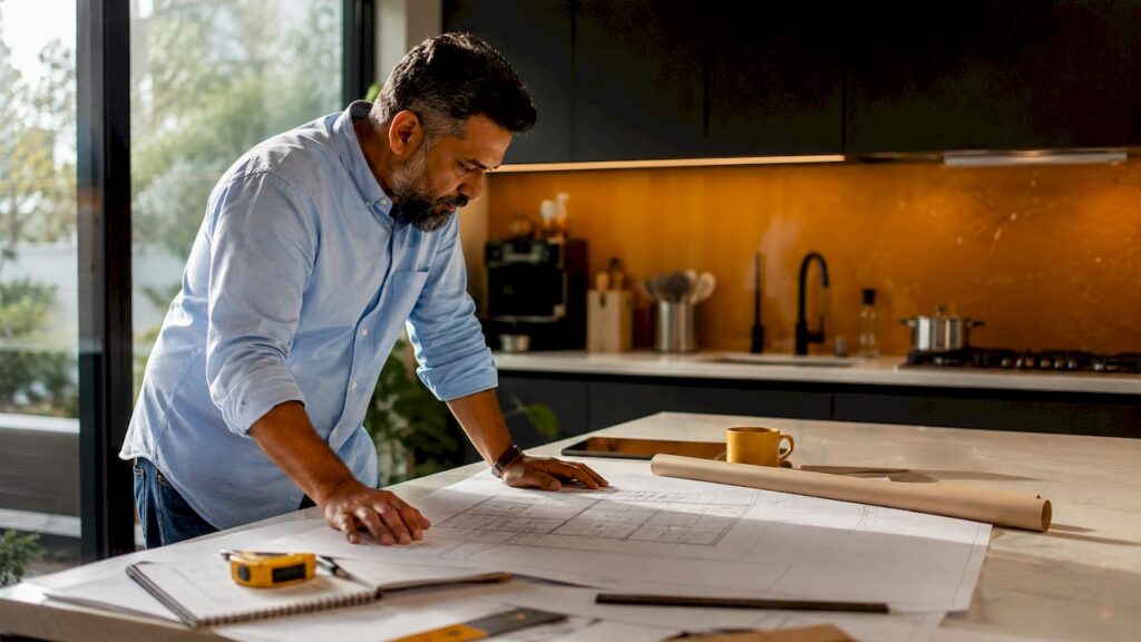 Man planning home renovation with blueprints