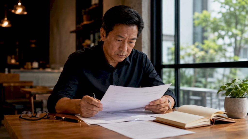 Man reviewing building contract documents