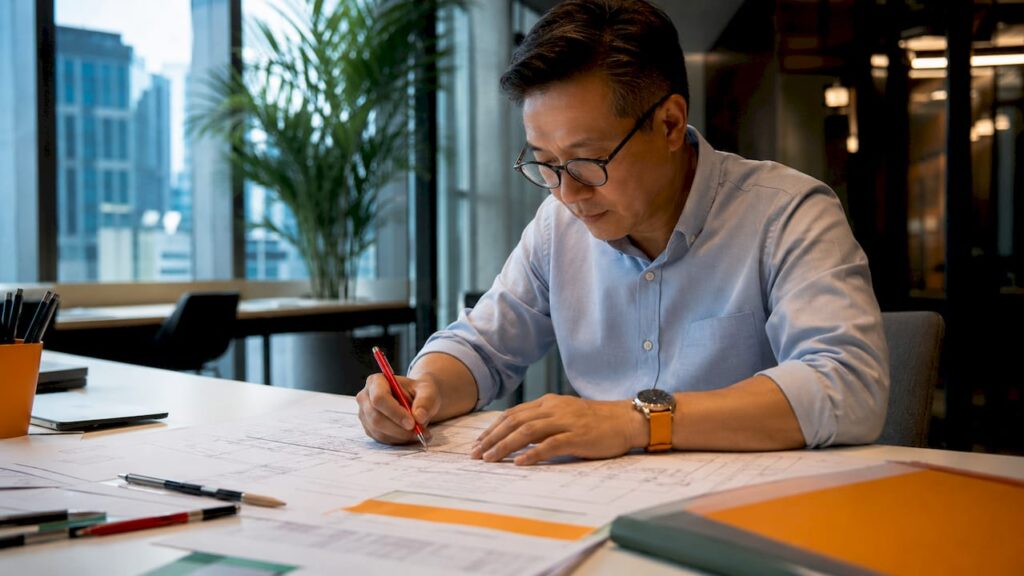 Engineer reviewing structural drawings on table