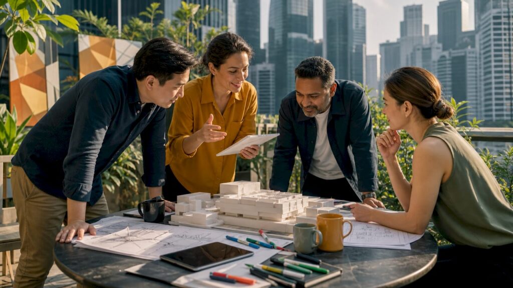Design team collaborating over blueprints