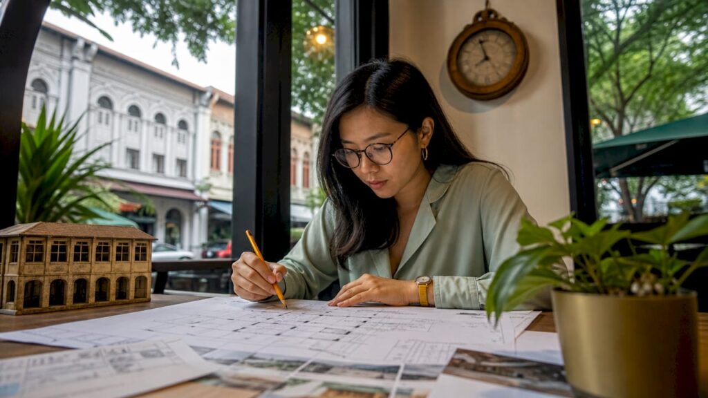 Planner reviewing conservation building blueprints