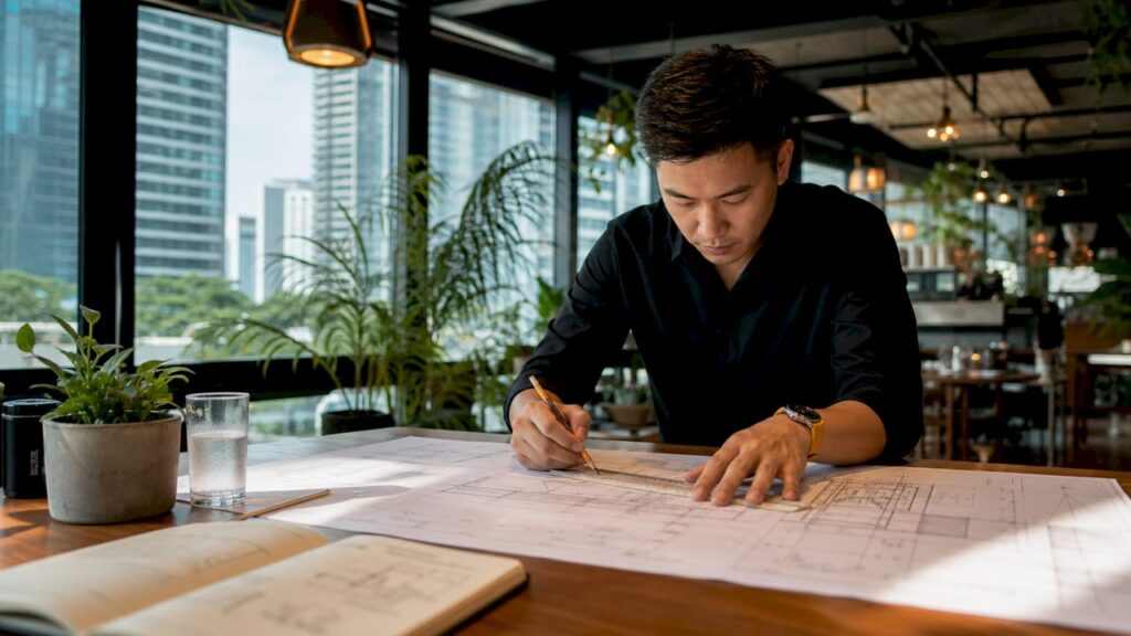 Engineer reviewing M&E and architectural drawings