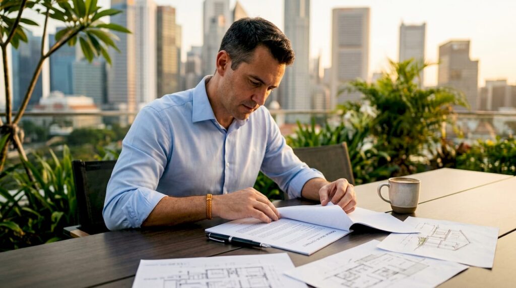 Man reviewing design and build contract documents
