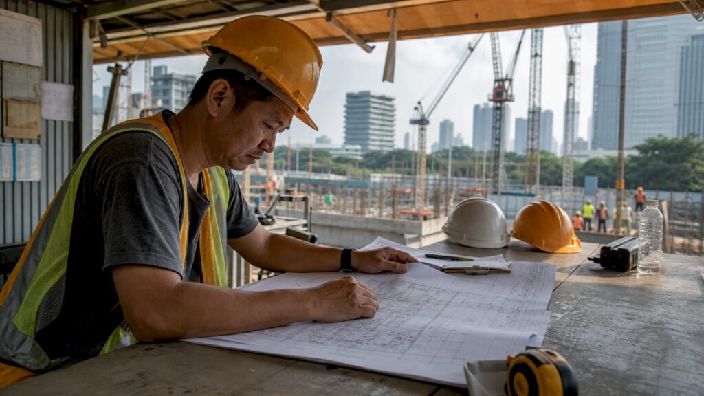 Builder reviewing detailed plans at construction site