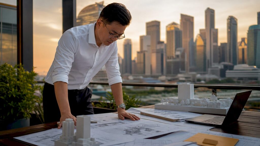 Architect reviewing building plans in office