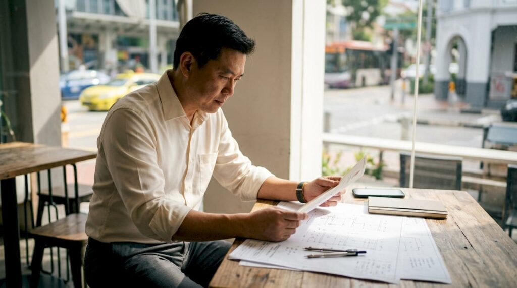 Engineer reviewing PE registration certificate indoors