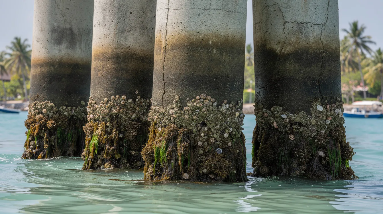 The image depicts weathered concrete jetty piles in a tropical harbor, showcasing the visible tidal waterline and marine growth that thrives in harsh marine environments. This scene highlights the importance of maintaining structural integrity and protecting marine structures from corrosion due to salt spray and other corrosive elements.