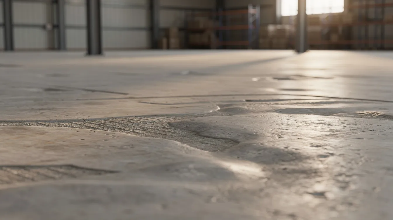 The image shows a close-up view of a concrete floor surface in a warehouse, where subtle undulations are accentuated by raking light, highlighting the importance of floor flatness and levelness for operational efficiency. This detailed perspective emphasizes the significance of maintaining super flat floors to support the smooth operation of autonomous mobile robots and automated guided vehicles in industrial settings.