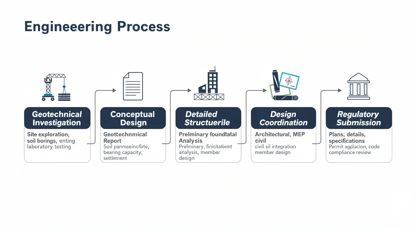 The image is a flowchart illustrating the sequential design steps in engineering, starting from geotechnical investigation, progressing through structural analysis, and culminating in regulatory submission. It emphasizes the importance of considering structural loads, including wind and seismic forces, to ensure structural safety and integrity in the design of buildings and other structures.