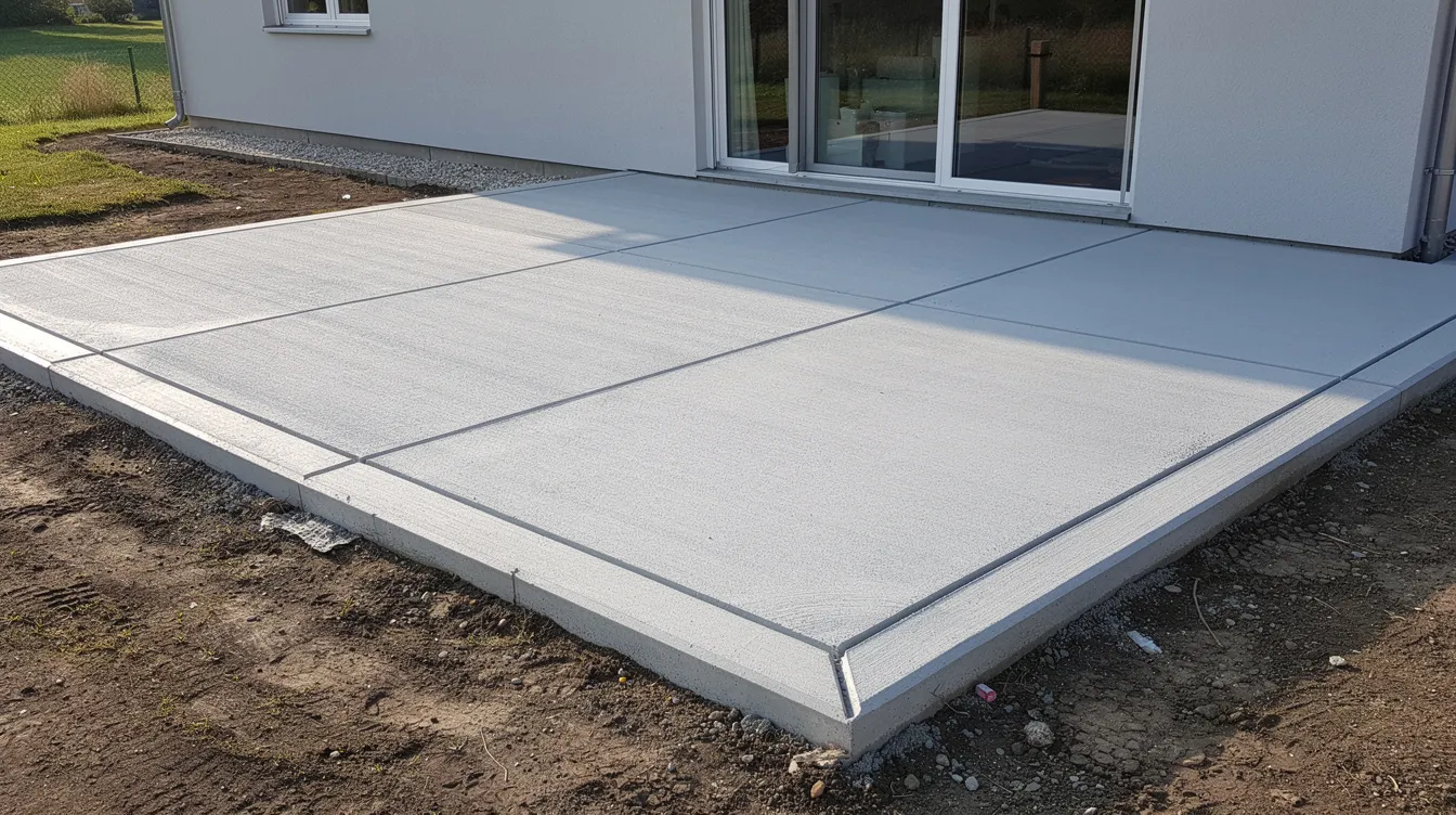 The image shows a concrete slab surface of a residential patio, featuring properly cut control joints that create a grid pattern across the flat surface. The patio, made from durable concrete slabs, is designed to manage stress and prevent cracking, making it a suitable choice for outdoor garden spaces.