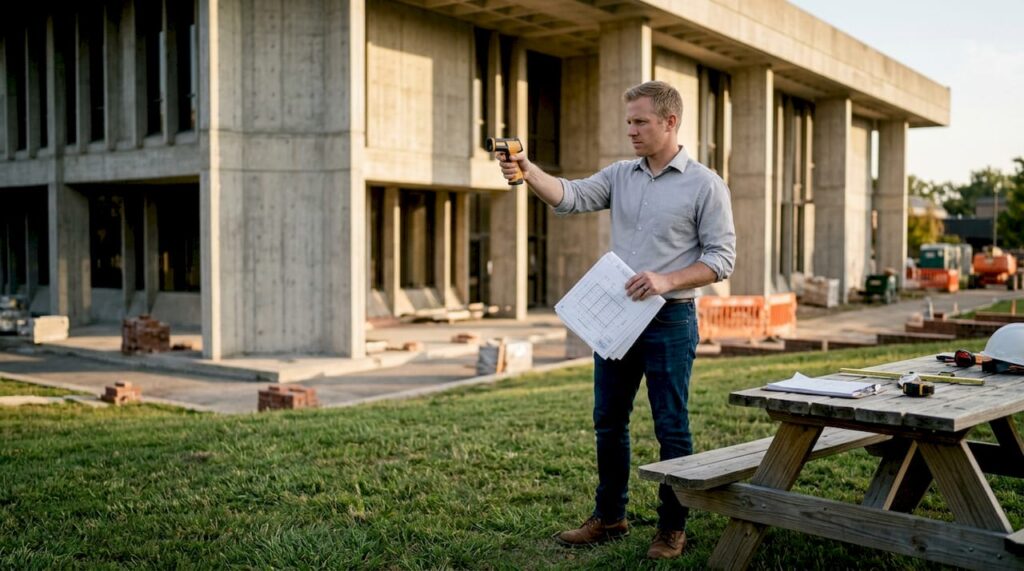 Engineer inspecting public building structure