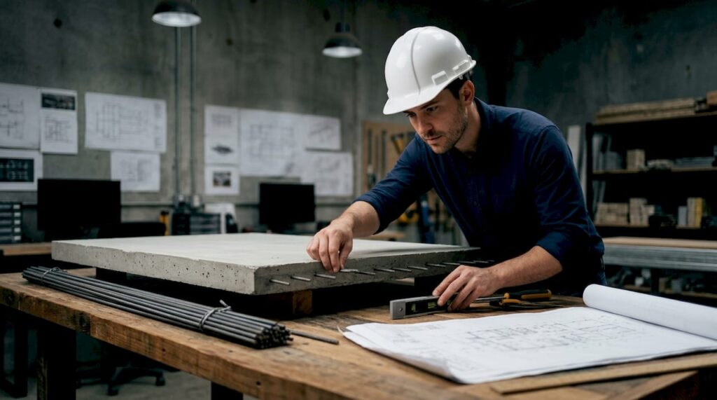 Engineer inspecting concrete flat slab model