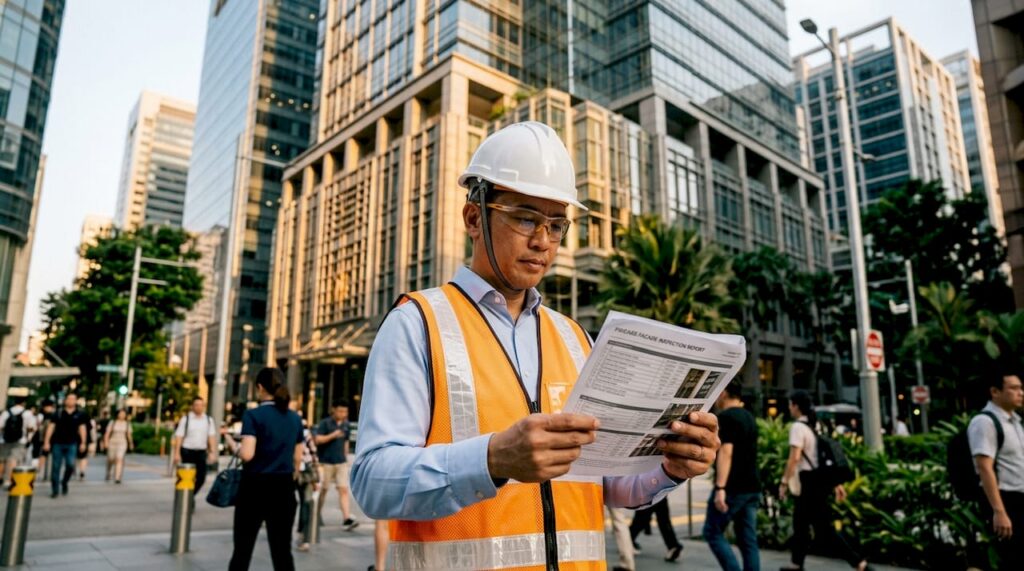 Engineer reviewing facade inspection report outdoors