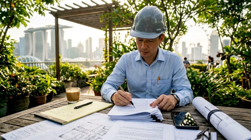 Project manager reviewing risk allocation contracts