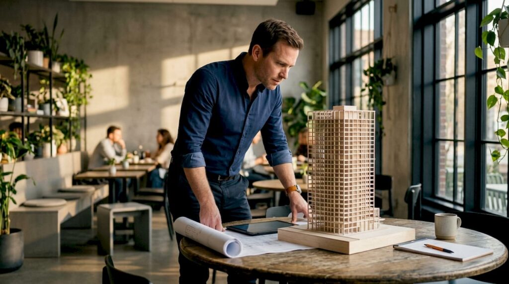 Engineer studying a high-rise structural model