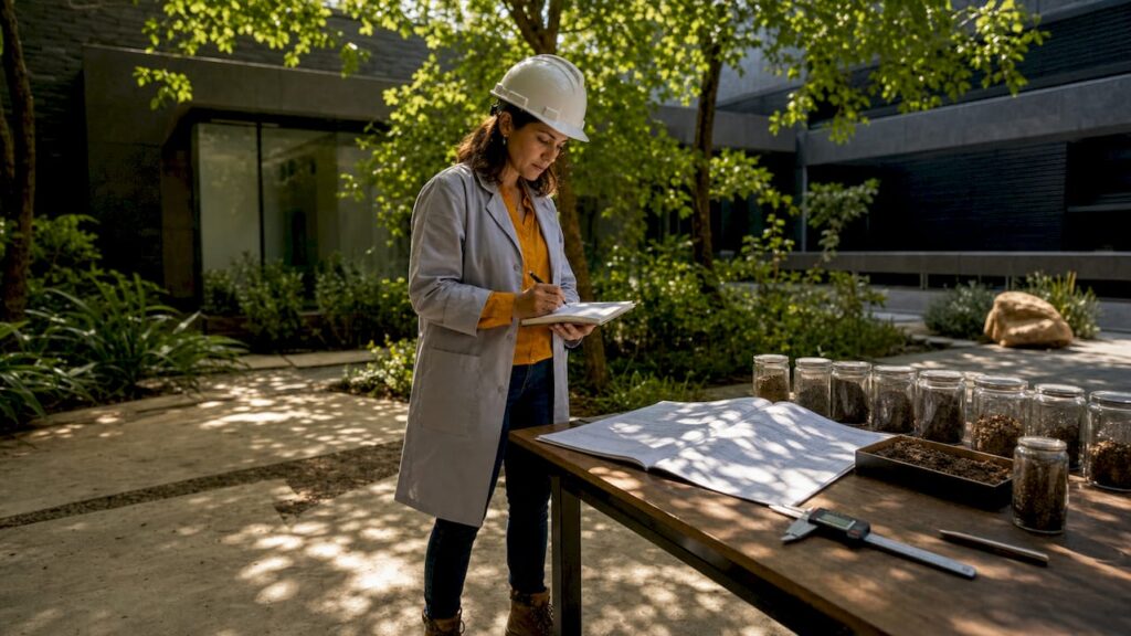 Engineer reviewing soil report at desk