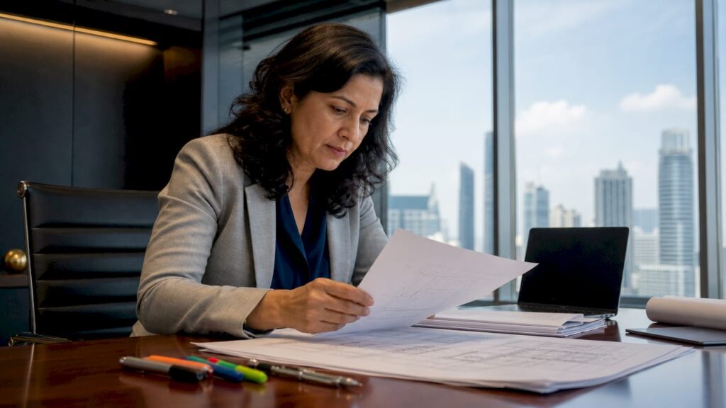 Engineer reviewing government civil engineering report