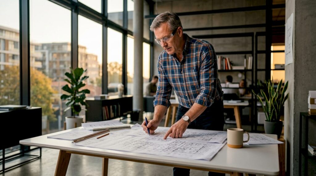 Engineer reviewing M&E schematics at conference table