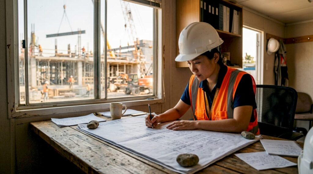 Engineer reviewing construction blueprints on site