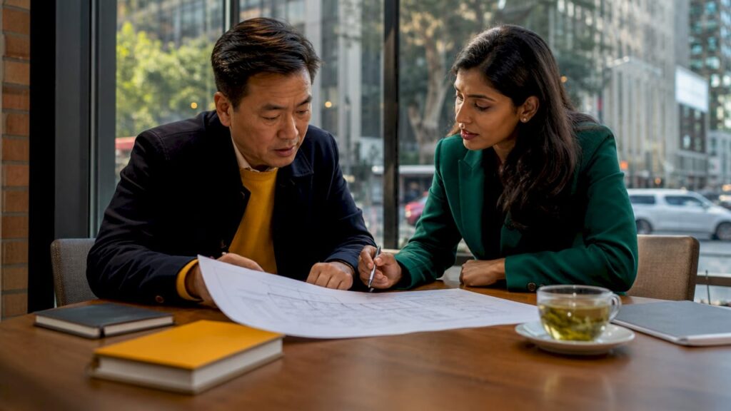 Project manager and subcontractor reviewing plans